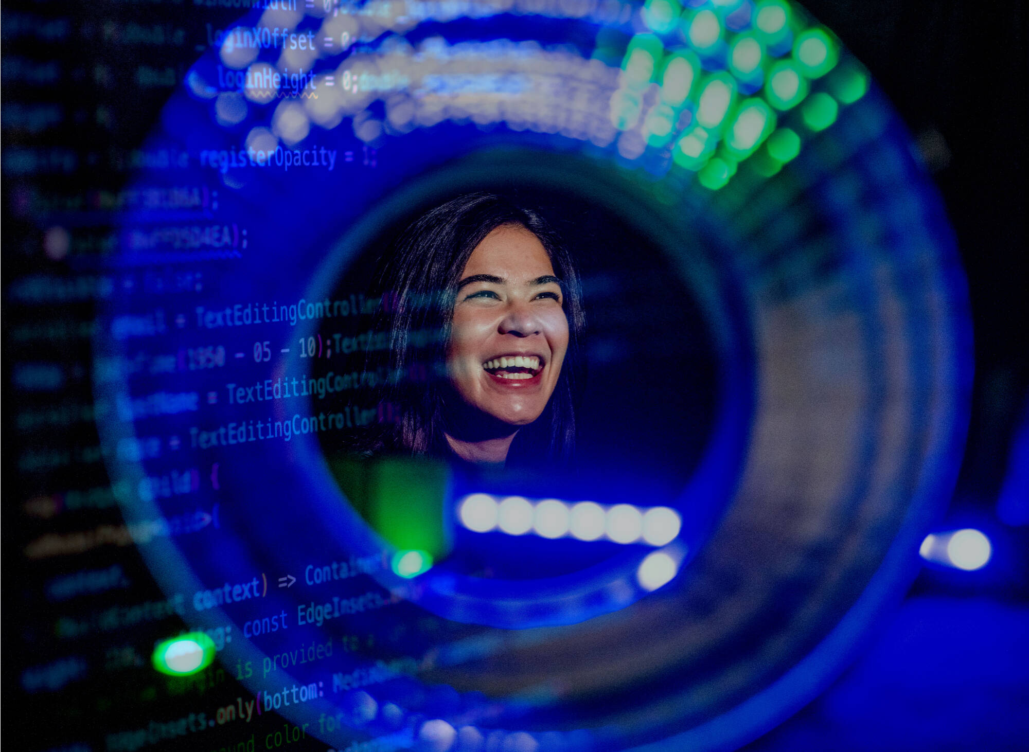 A person smiling with tech/data elements overlayed.
